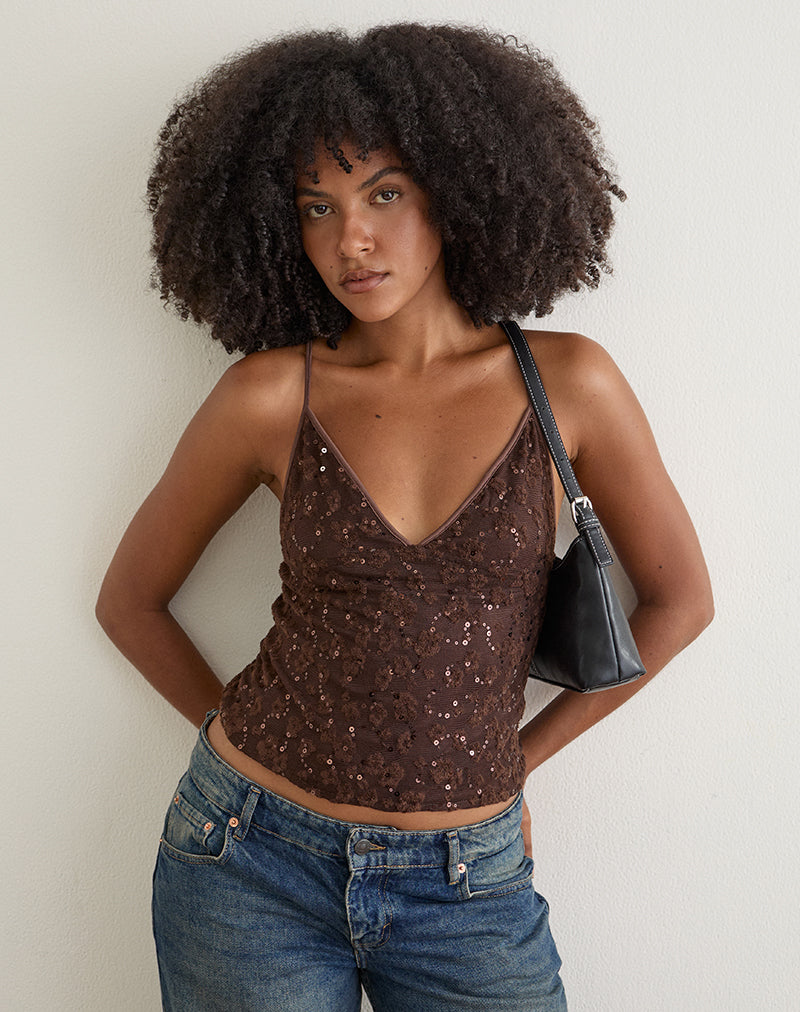 Image of Camilla Top in Sequin Knit Brown