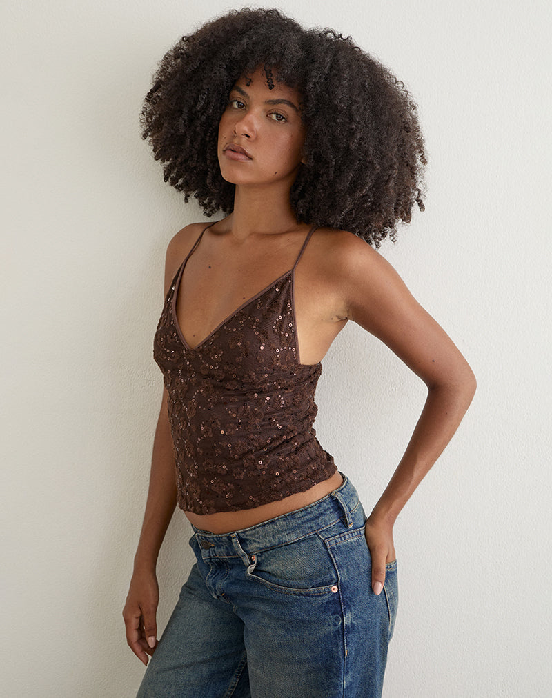 Image of Camilla Top in Sequin Knit Brown