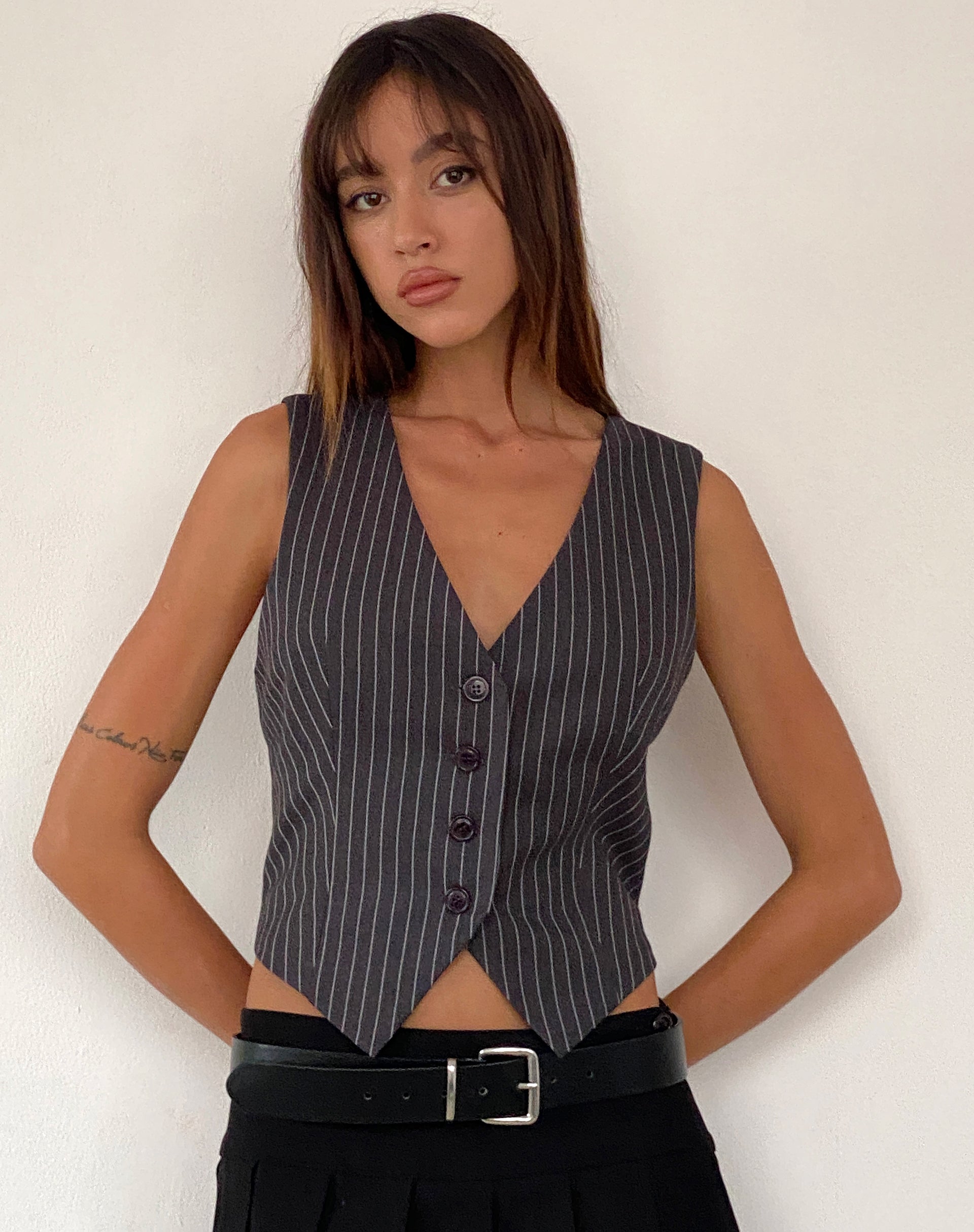 womens dress vest tops Canta Tailored Vest Top in Dark Grey Pinstripe