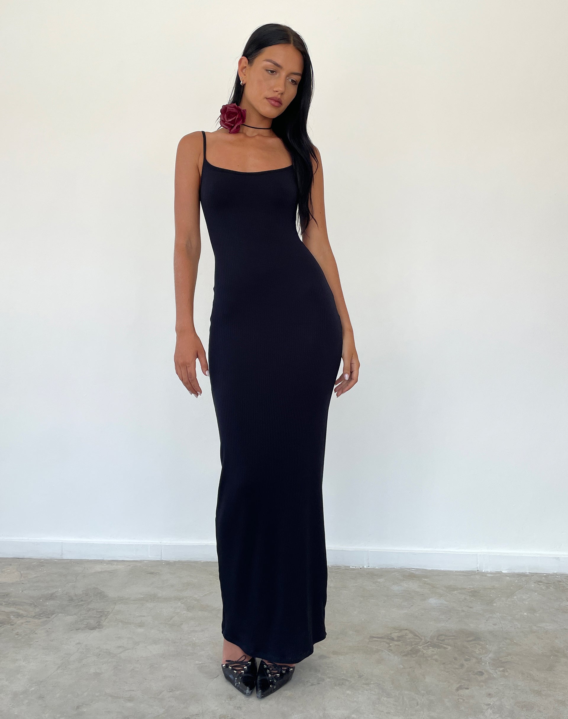 Image of Cantha Strappy Maxi Dress in Black Rib