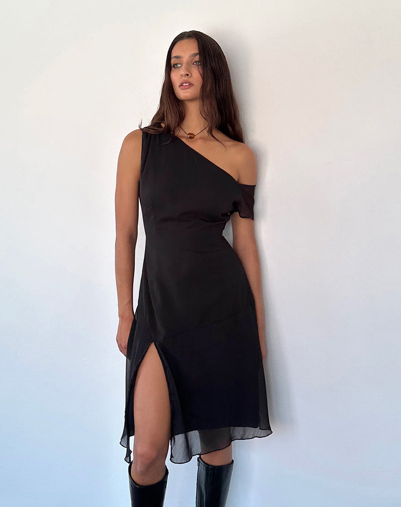 Carissa One Shoulder Chiffon Midi Dress in Black Carissa One Shoulder Chiffon Midi Dress in Black