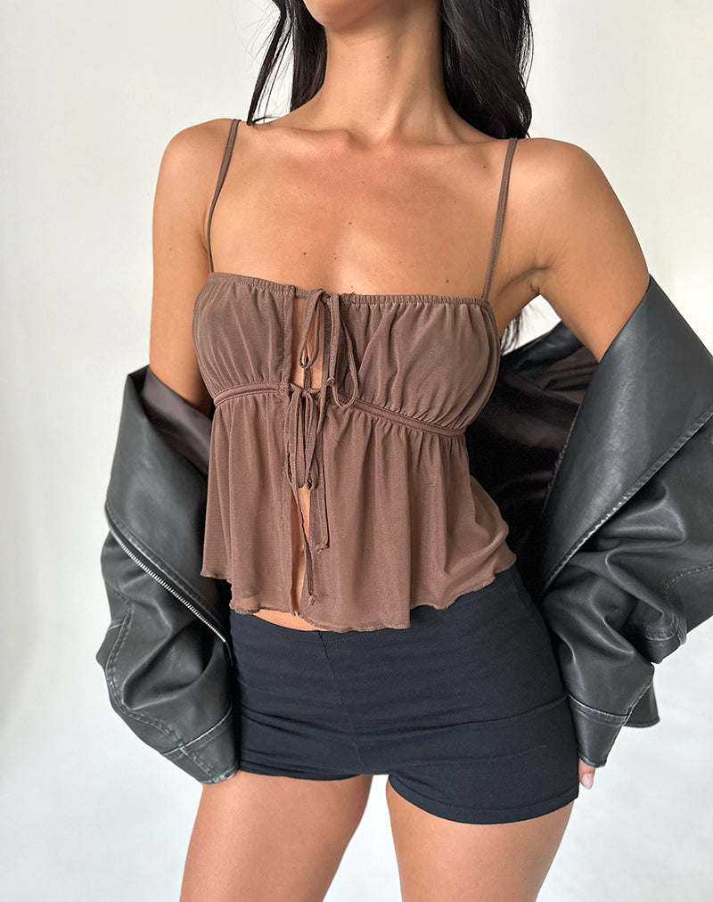 Image of Carmina Tie Front Top in Mesh Brown