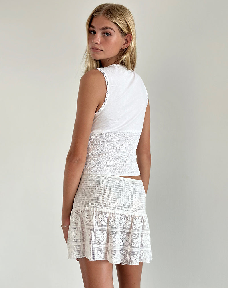 Cathyna Crochet Shirred Mini Skirt in Poplin White