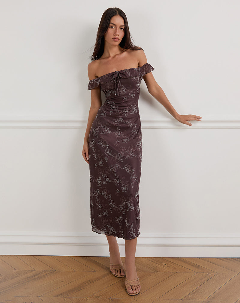 Brown Doodle Flower Flock Print Midi Dress | Catrin – motelrocks