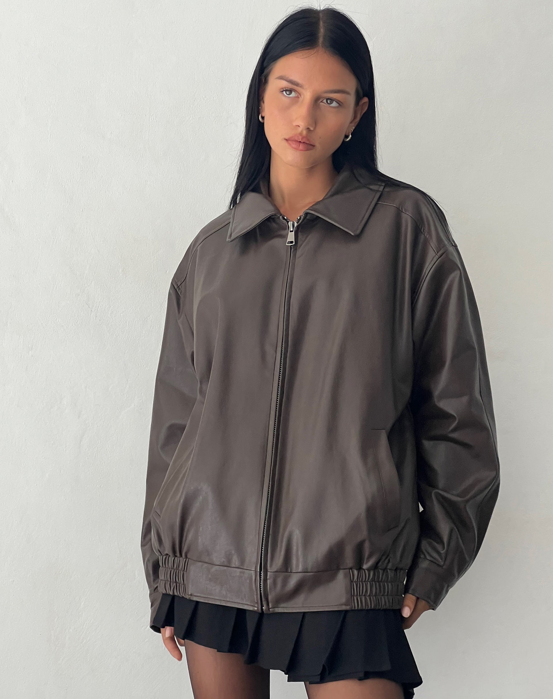 Zip Up Front PU Leather Brown Jacket | Cavita – motelrocks-com-us