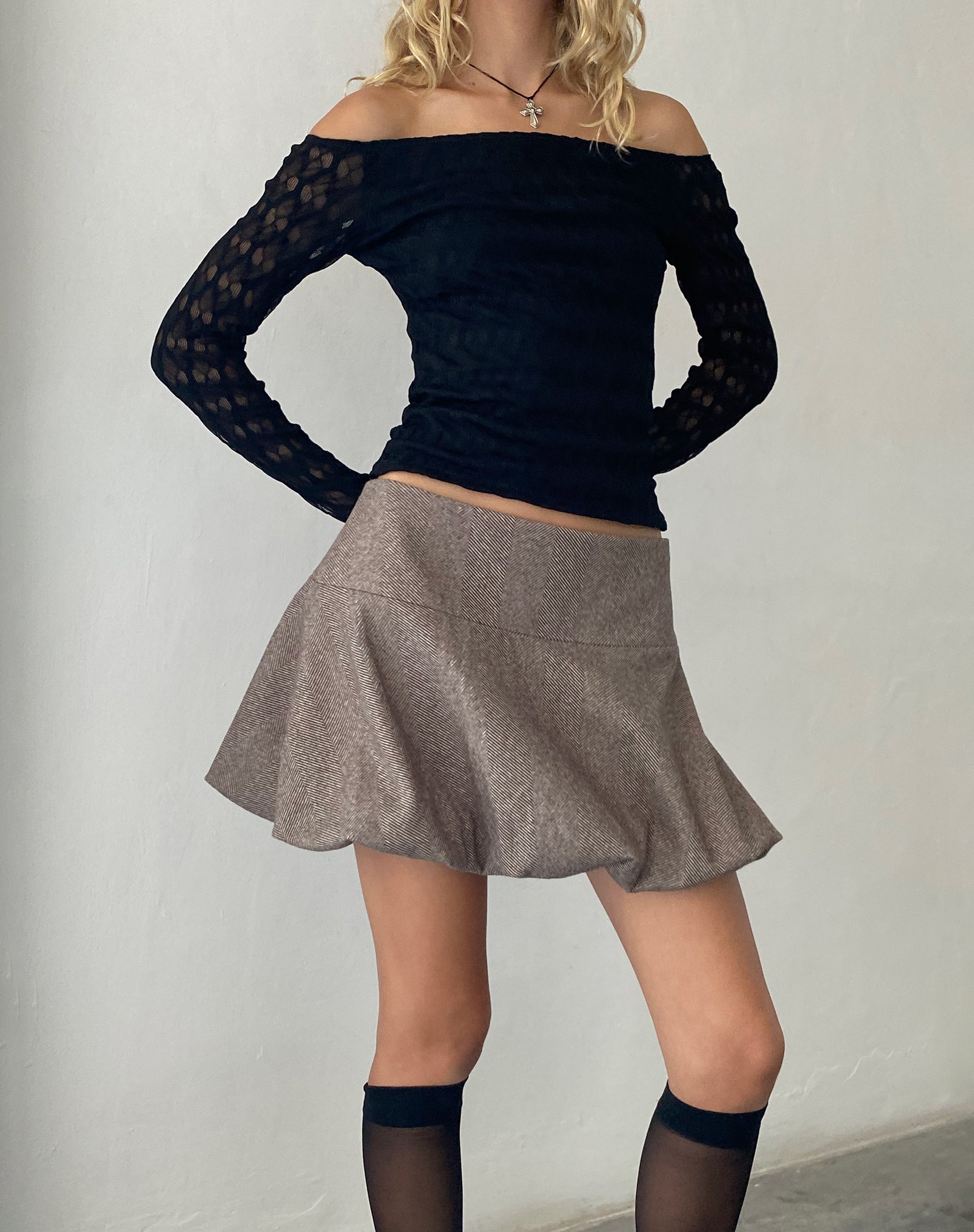 Image of Celina Puffball Mini Skirt in Dark Brown Tailoring