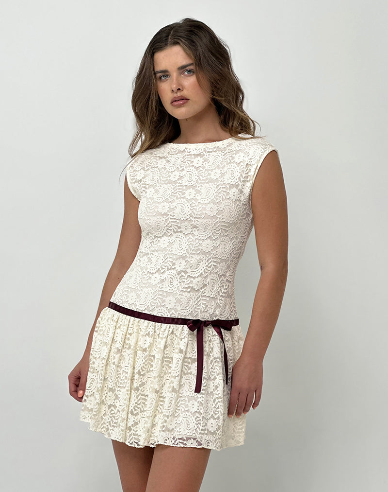 Cersei Mini Dress in Paisely Lace Ivory