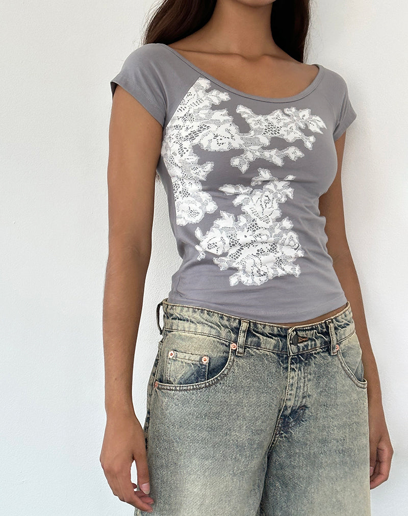 Image of Charya Off the Shoulder Top in Grey Floral Lace