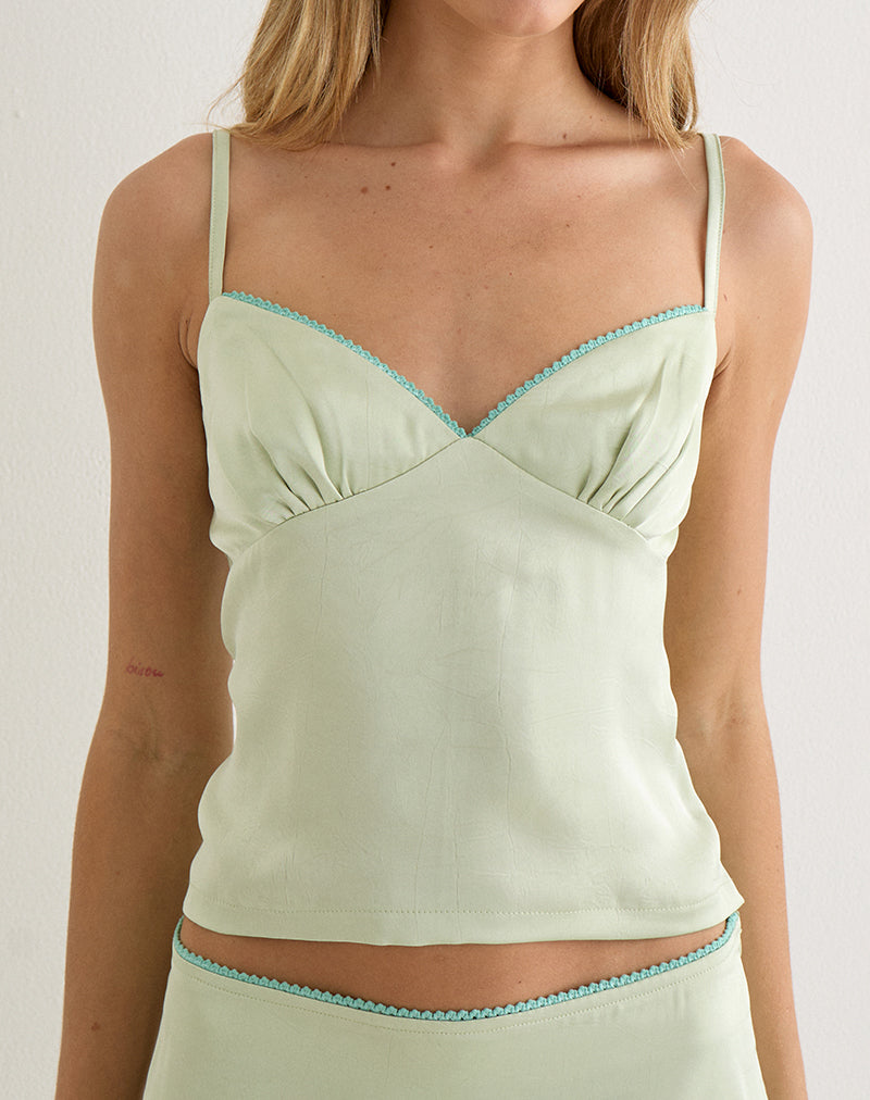 Sage Satin Sweetheart Neckline Cami Top with Picot Trim | Chatura