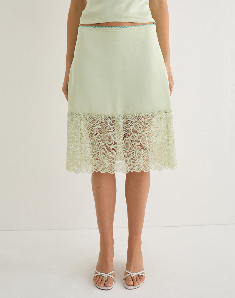 Garula Skirt in Satin Sage with Lace Trim
