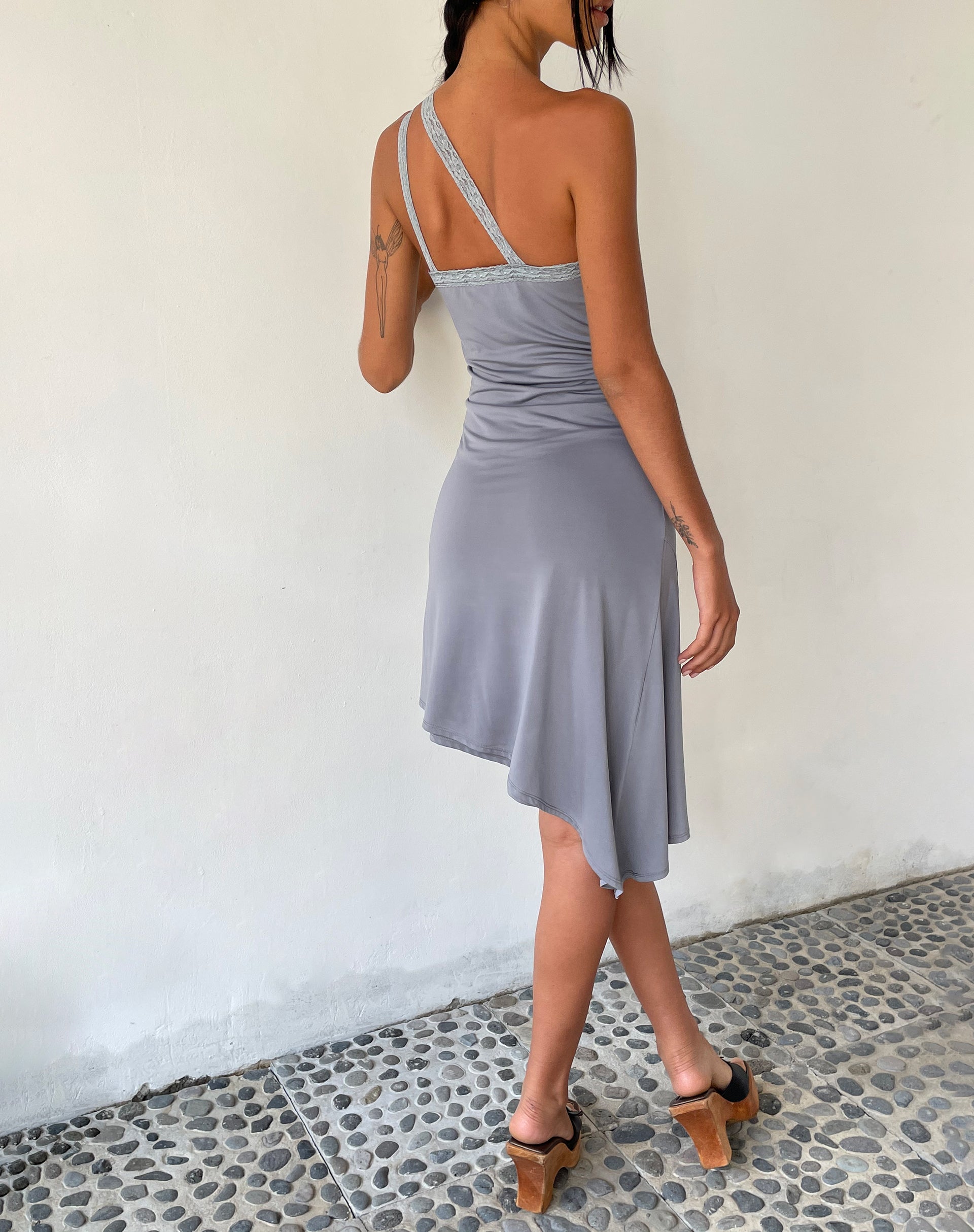 Slinky Grey Asymmetric Mini Dress | MOTEL X JACQUIE Chrissy