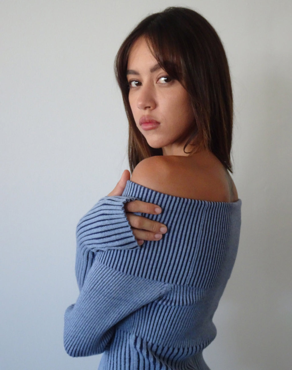 Circe Knitted Bardot Jumper in Two Tone Blue