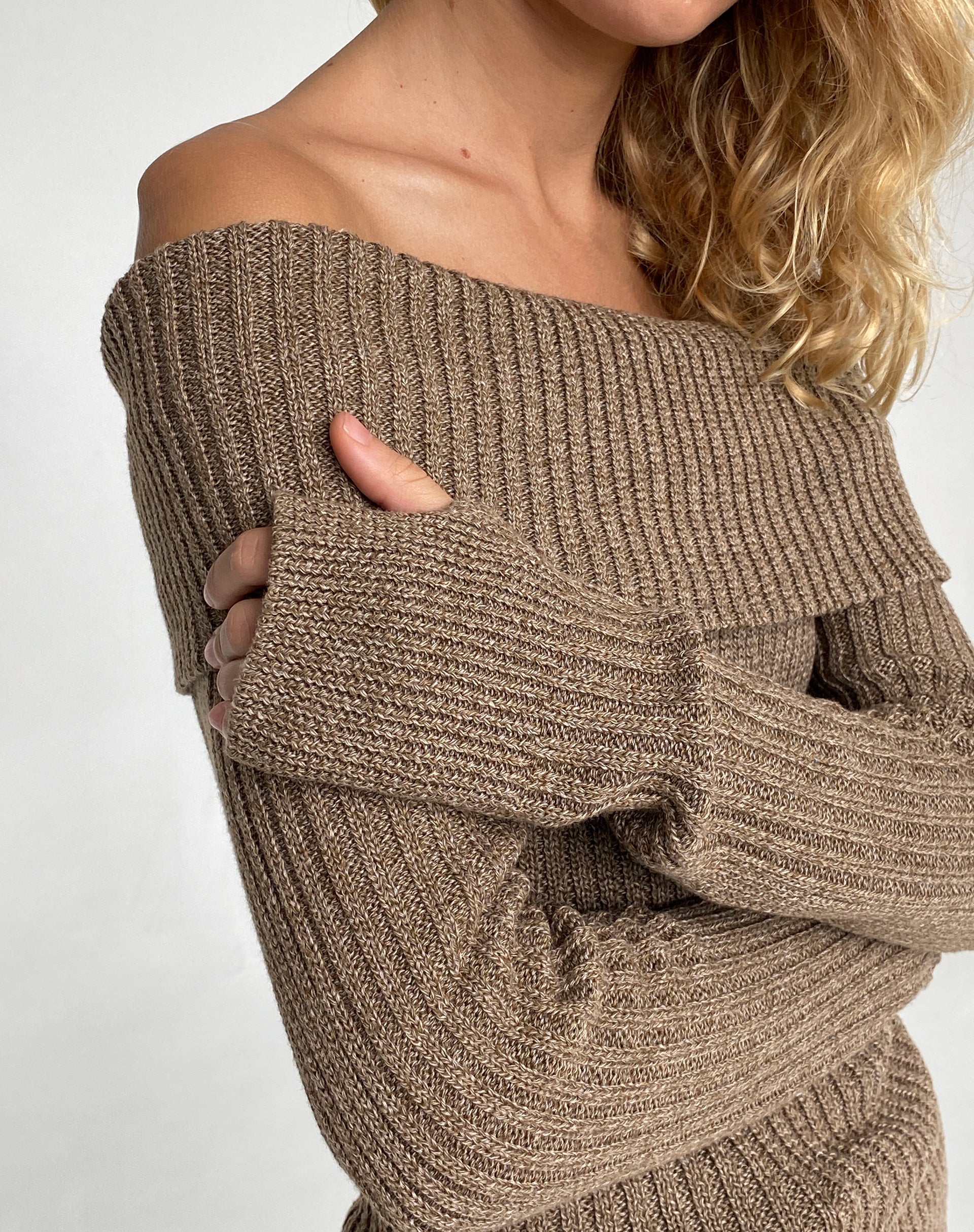 Image of Circe Off-Shoulder Long Sleeve Knit Top in Yarn Brown