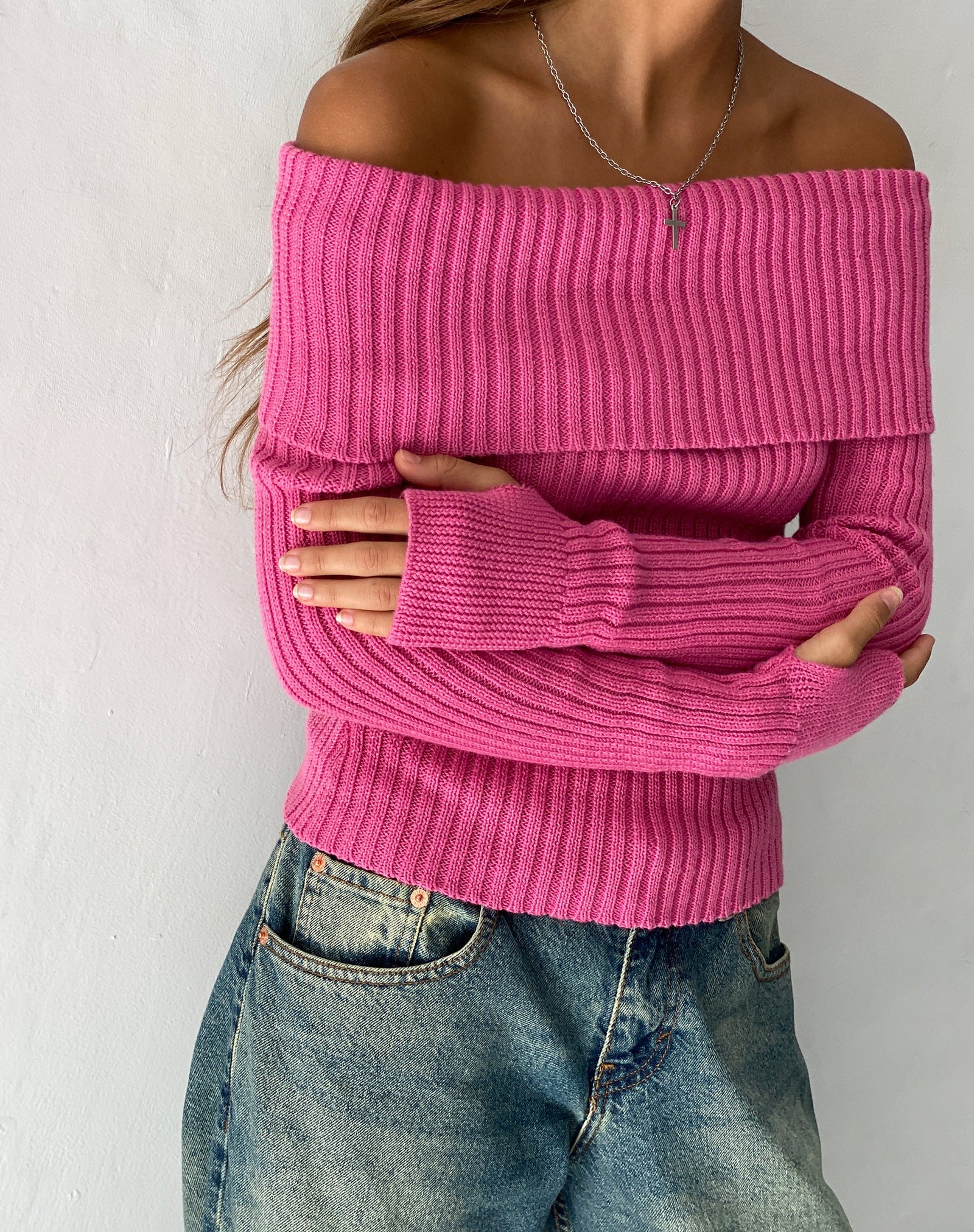 Hot Pink Off-Shoulder Long Sleeve Knit Top