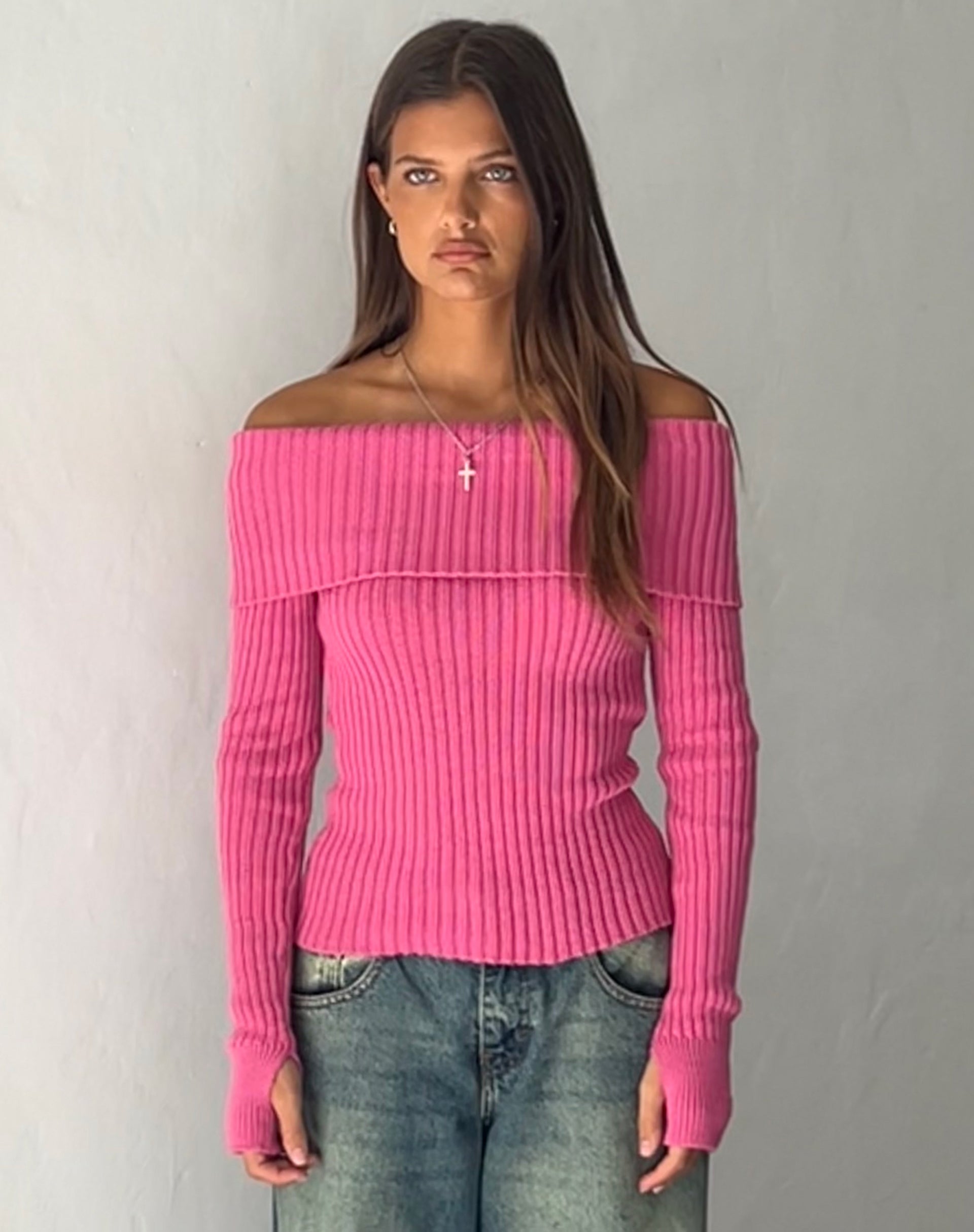 Image of Circe Off-Shoulder Long Sleeve Knit Top in Hot Pink