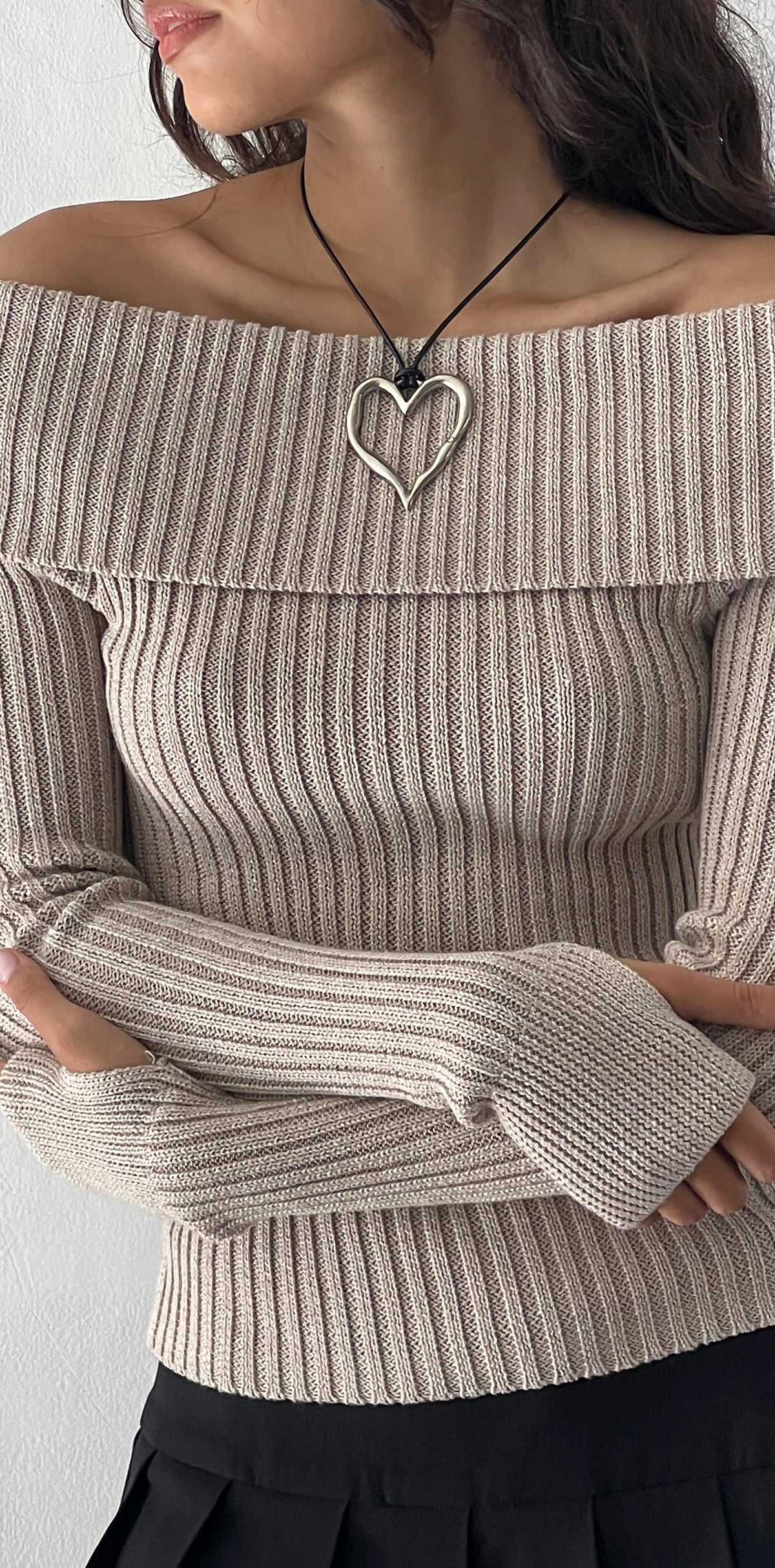 Off-Shoulder Knit Top With Faux Fur  Charming Bow Accent Pink