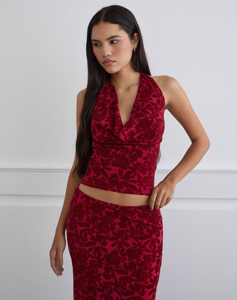 Image of Clandy Cowl Top in Flocked Mesh Flower Cherry