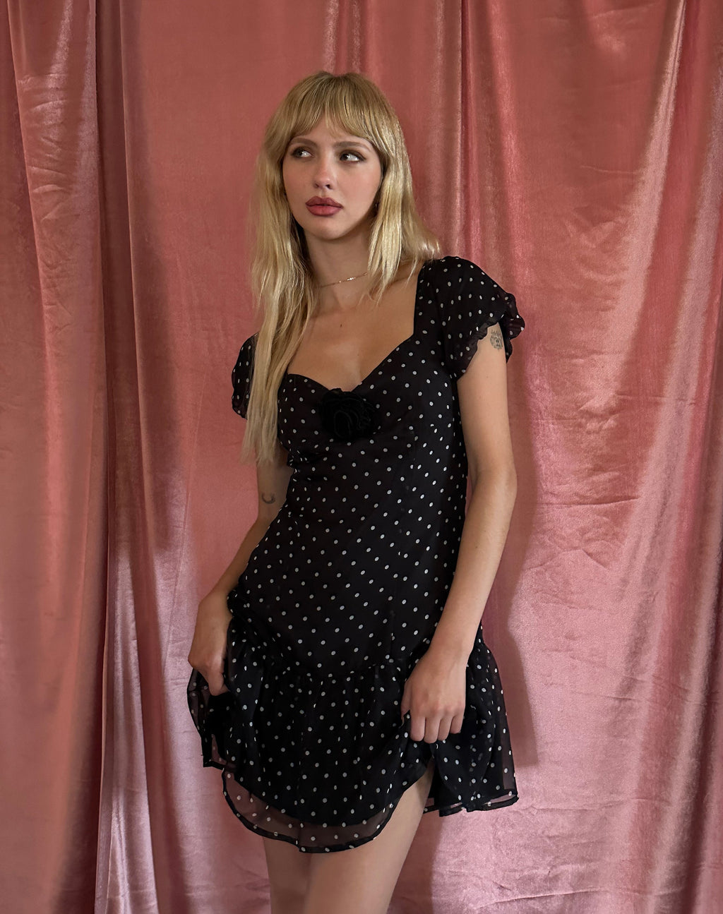 Clara Mini Dress in Polka Black Chiffon