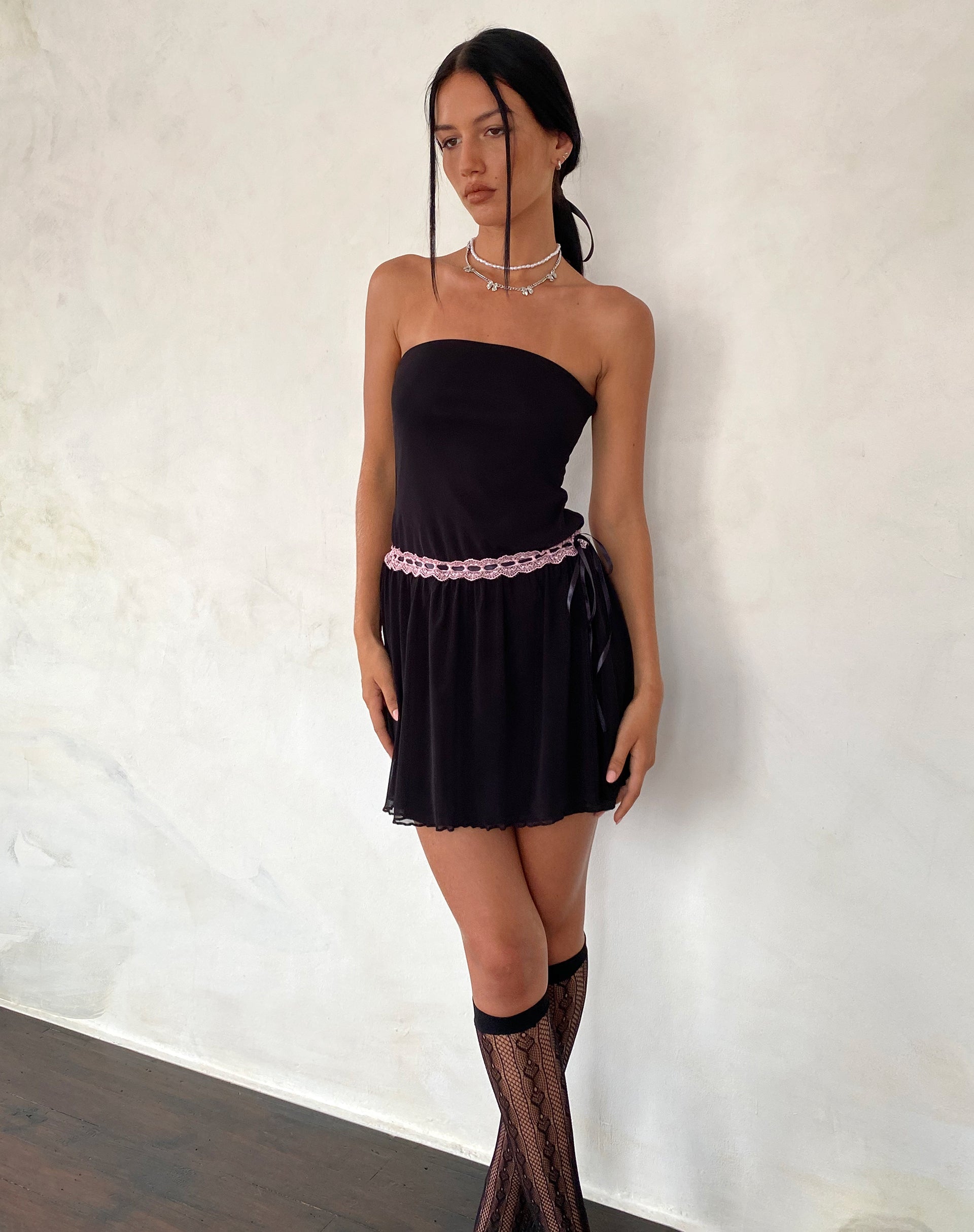 Image of Cleodora Bandeau Mesh Mini Dress in Black with Pink Waistband