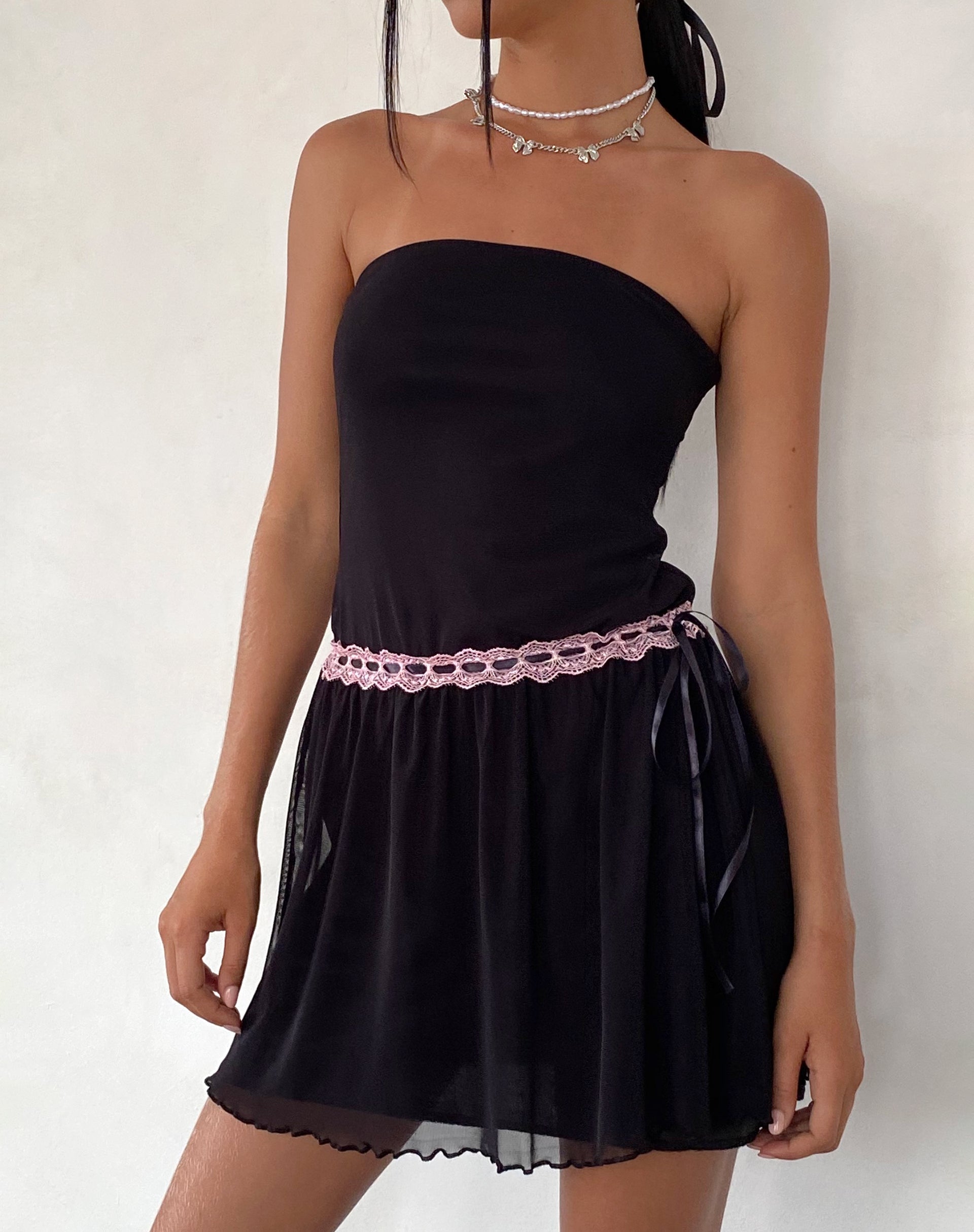 Black Mini Dress with Pink Waistband Black Mini Dress with Pink Waistband