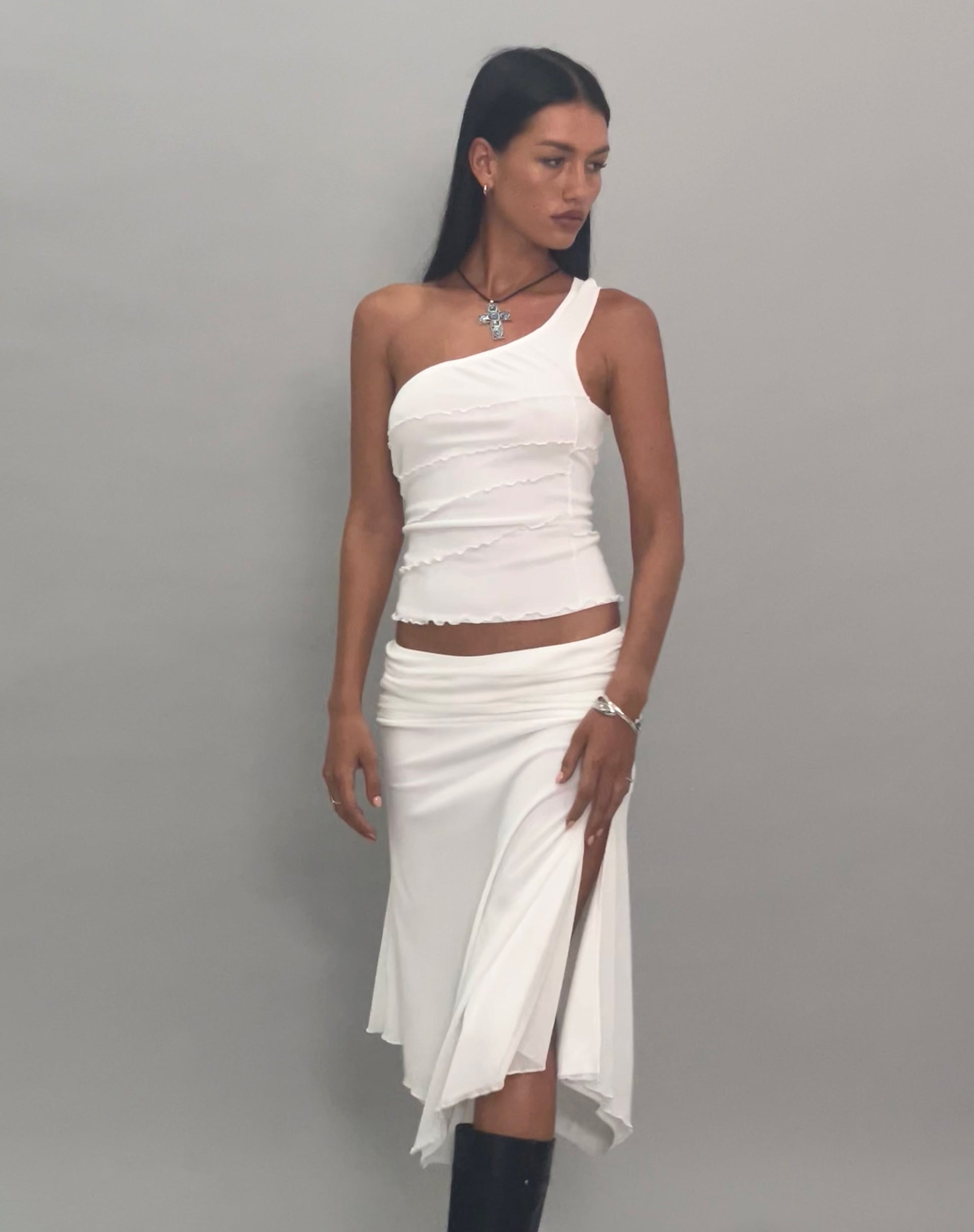 Image of Cochise Seam Detail One Shoulder Mesh Top in Ivory
