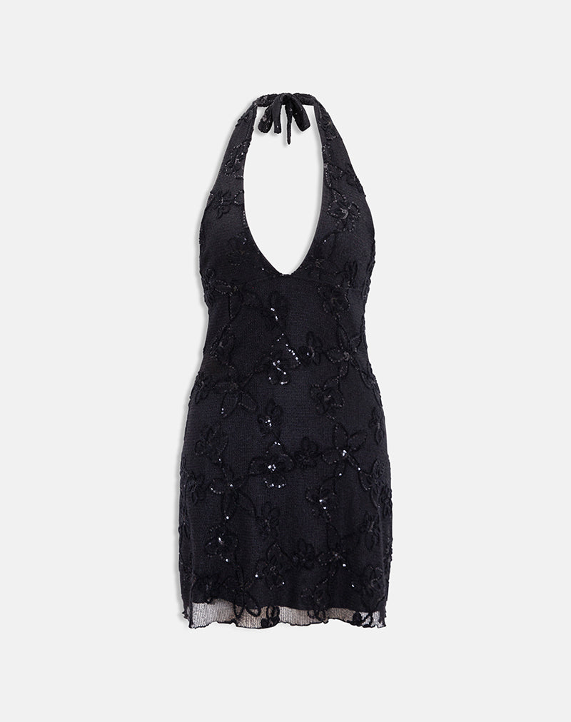 Codami Mini Dress in Sequin Knit Black , Halter Neck , Bodycon , Plunge Neckline Codami Mini Dress in Sequin Knit Black , Halter Neck , Bodycon , Plunge Neckline