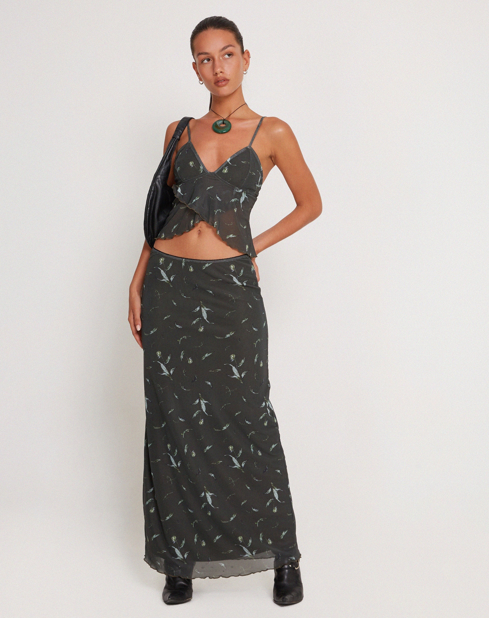 image of Trula Mesh Maxi Skirt in Floral Khaki Silhouette