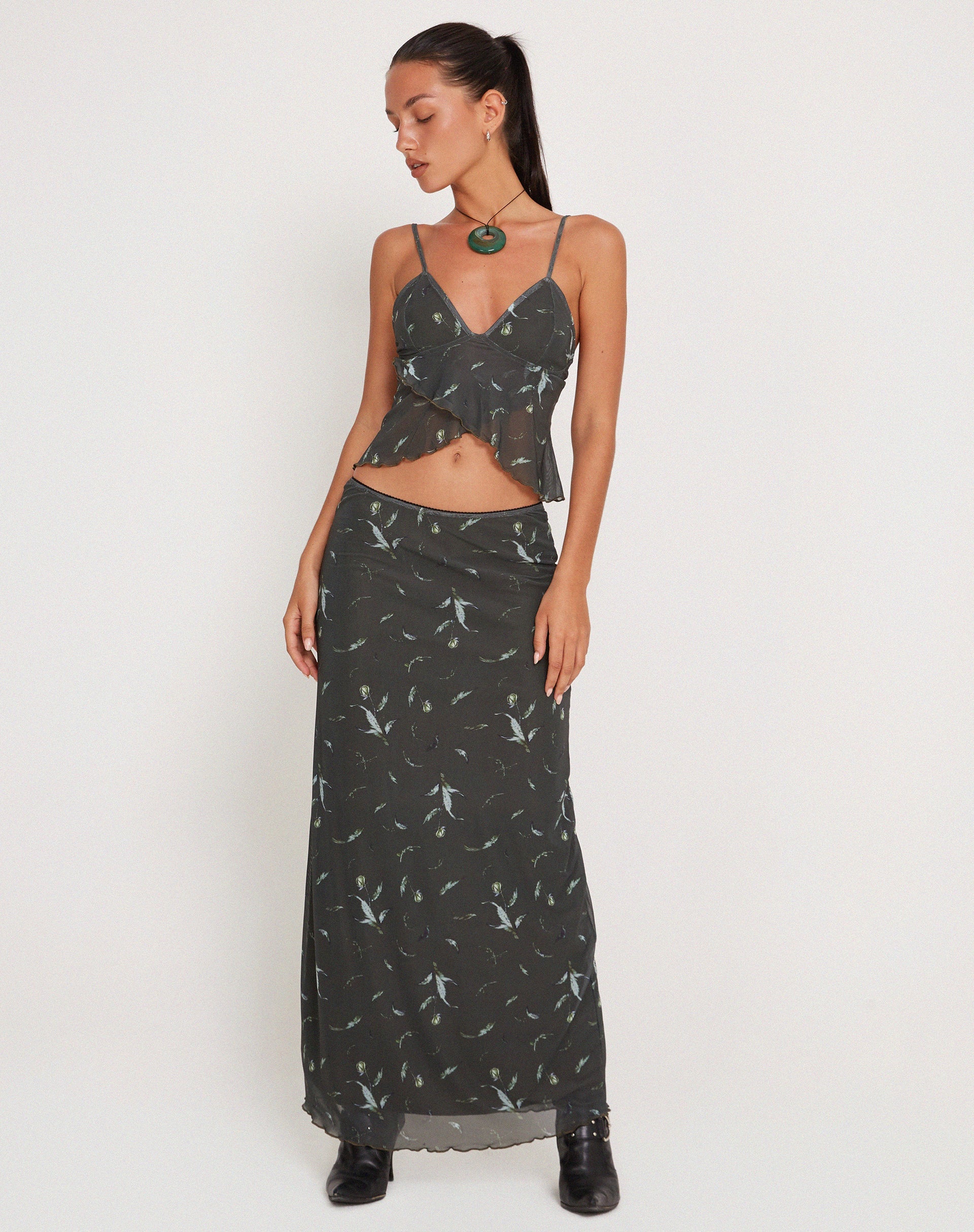 Trula Mesh Maxi Skirt in Floral Khaki Silhouette - Main Image