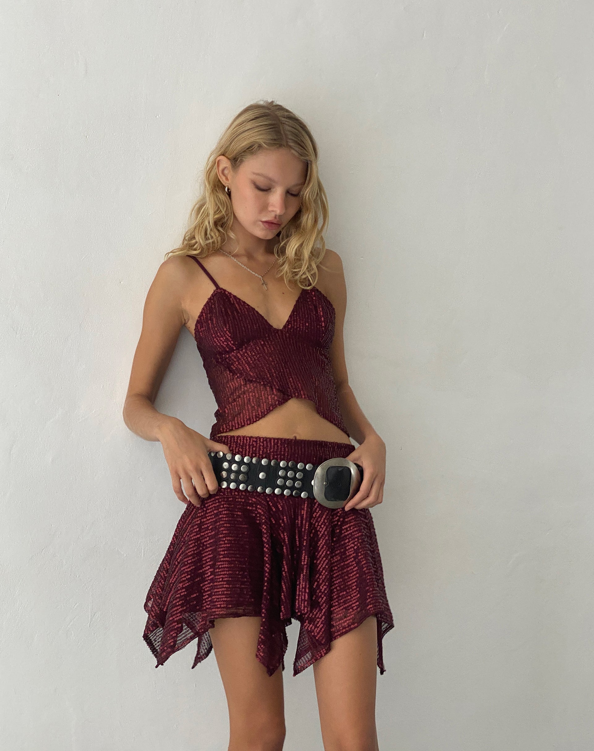 Low Rise Sequin Burgundy Waterfall Mini Skirt