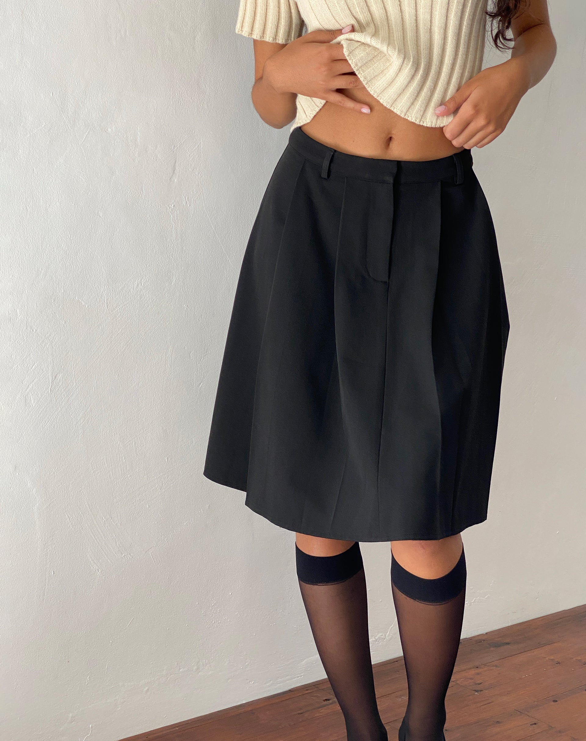 black dress skirt knee length Black Cotton Flax Pleated Knee Length Skirt 43" / Tall (5'7" and above)