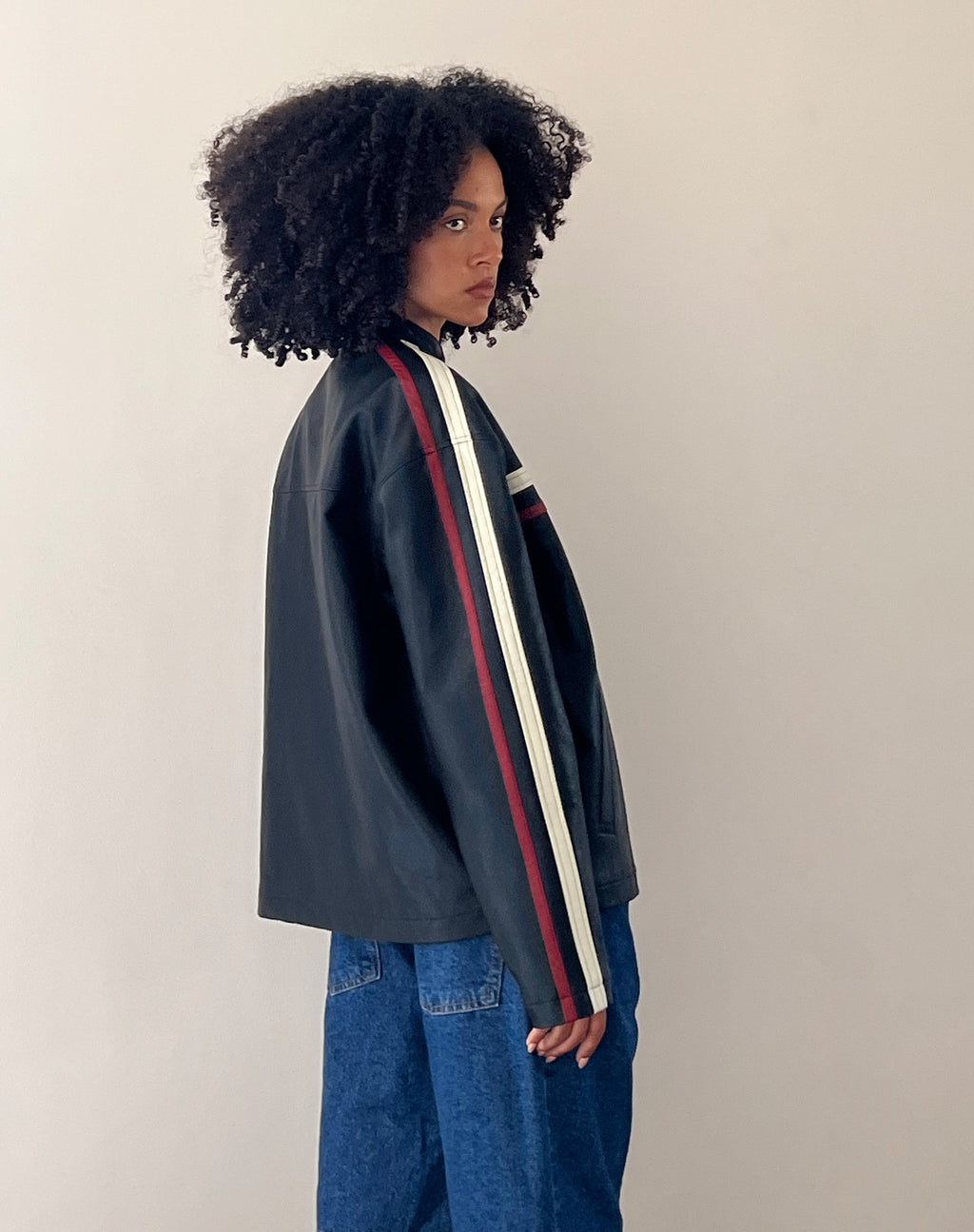 Colton Jacket in PU Black with Ivory and Red Stripe