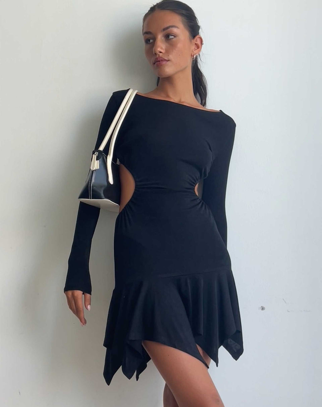 Asymmetrical One Sleeve Shoulder Pad Mini Dress | Sample | Sz. 2