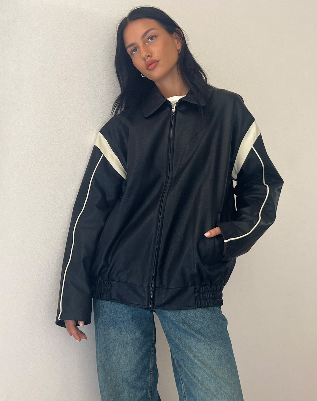 Corvina PU Jacket in Black with Ivory