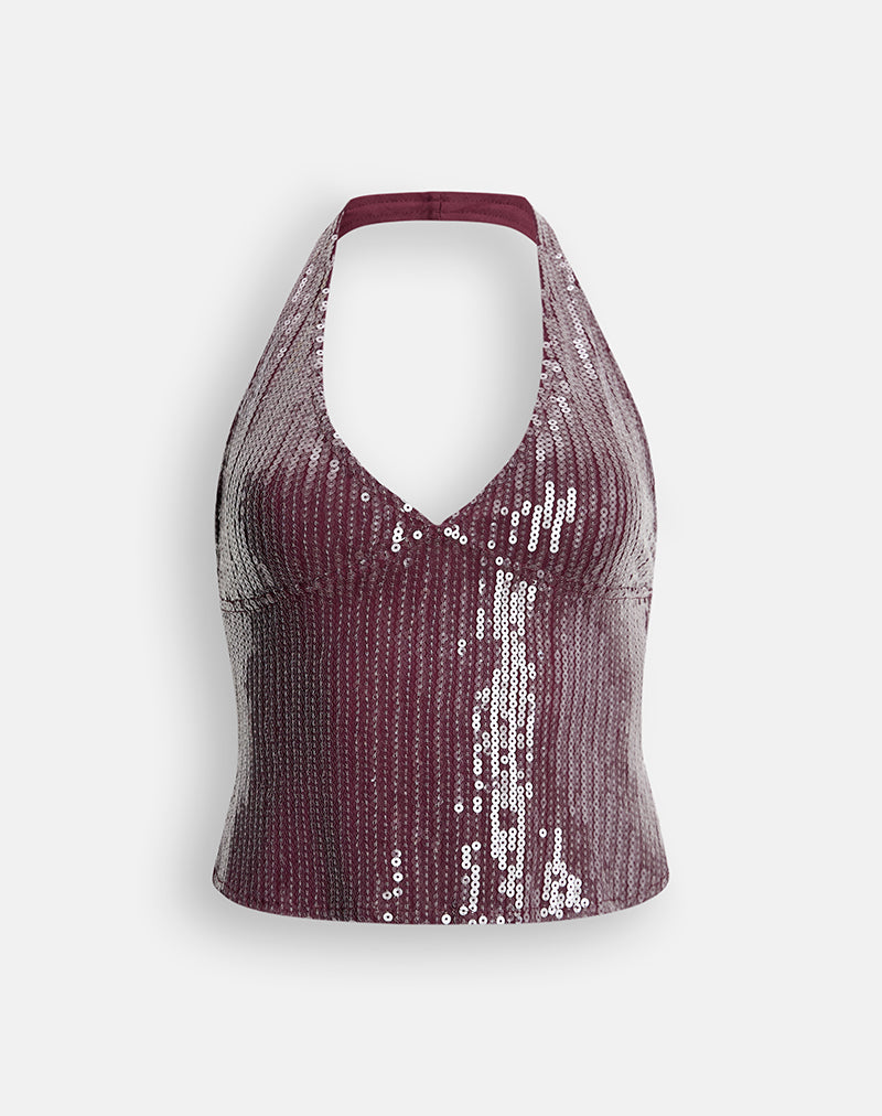 Image of Cosio Halter Top in Clear Sequin Burgundy