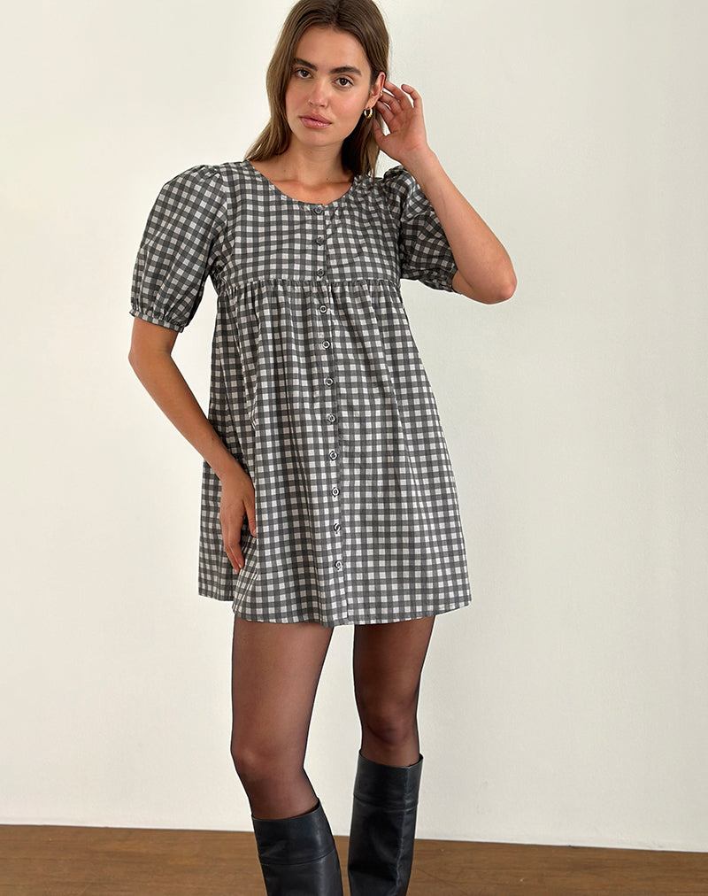 Image of Cybera Mini Dress in Tonal Gingham Black and Grey