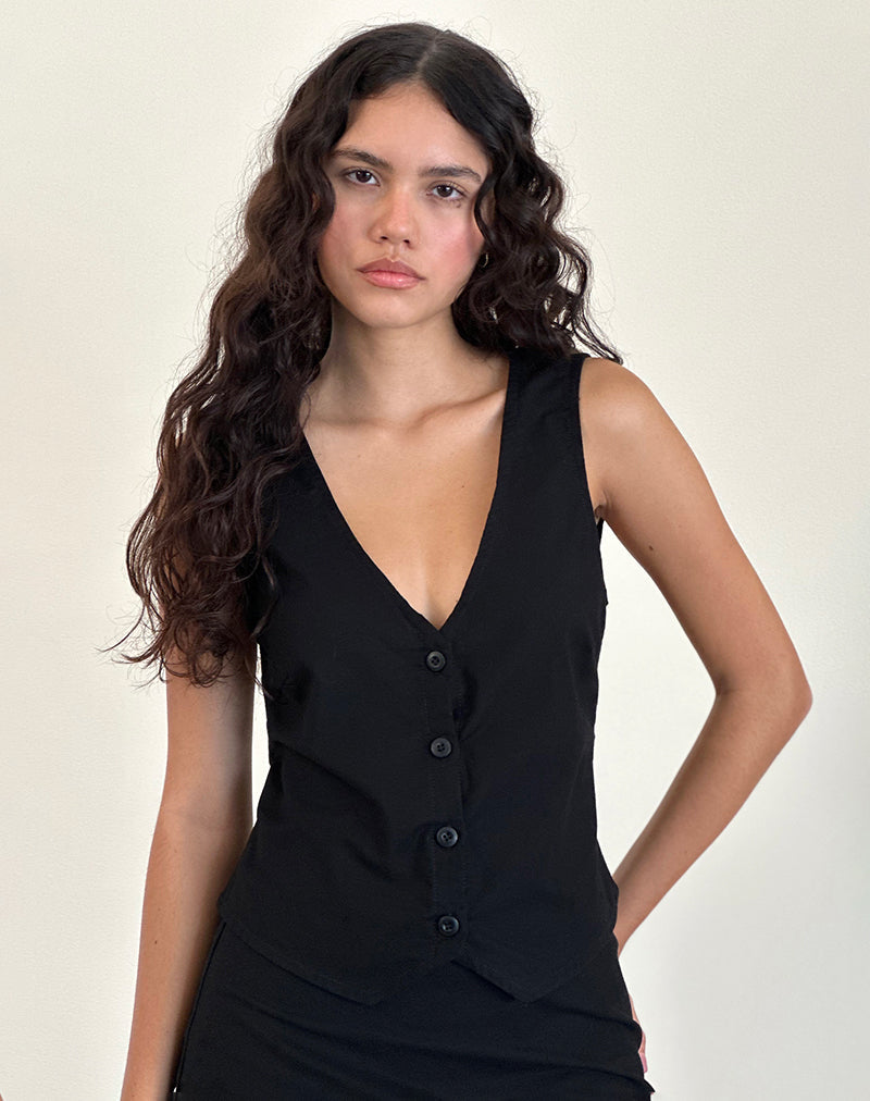 Cyna Button Through Vest Top in Black Linen