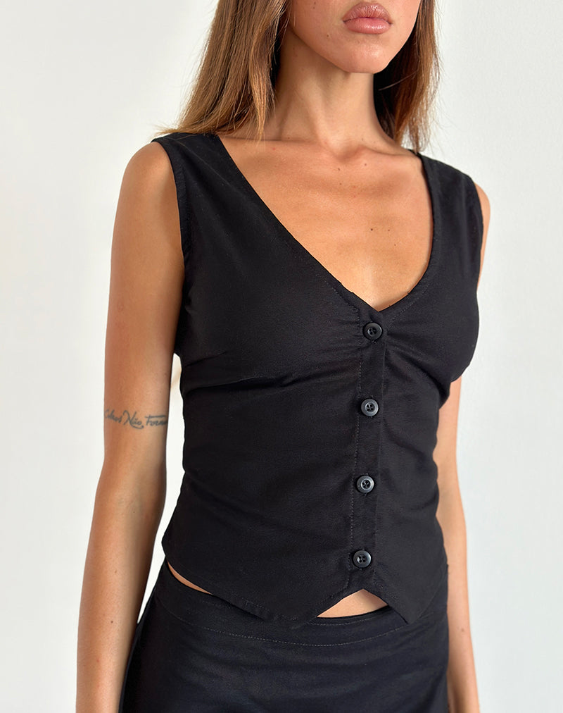 Cyna Button Through Vest Top in Black Linen