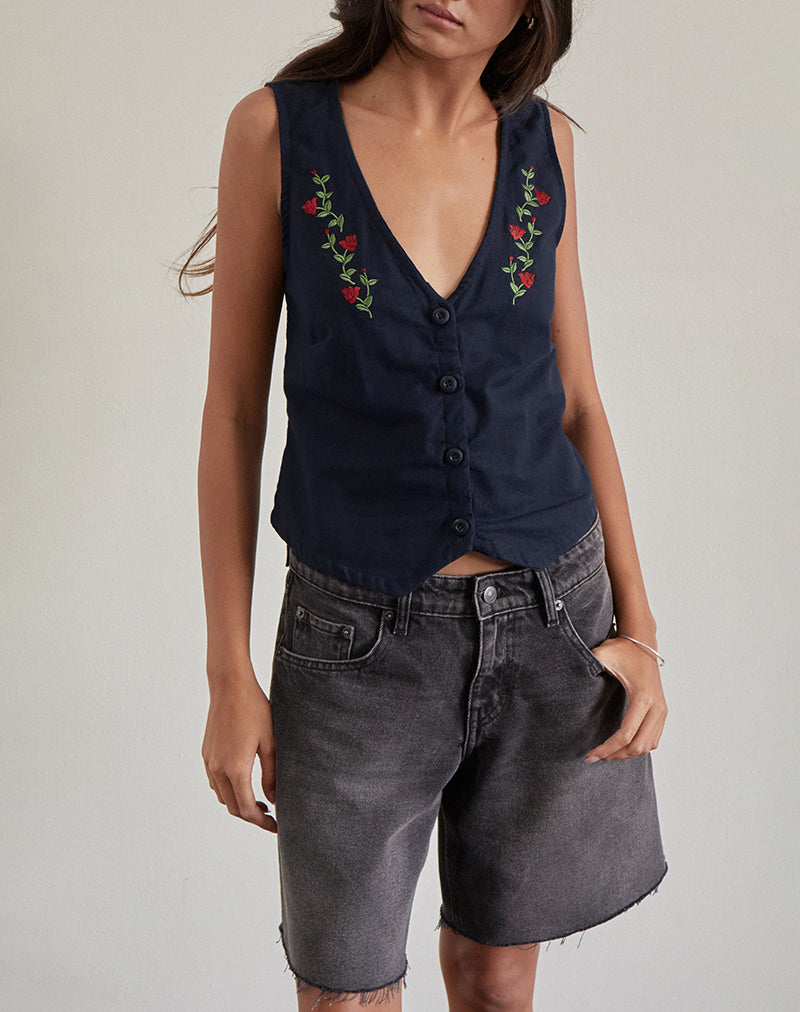 Cyna Button Through Vest in Tapshoe with Rose Embroidery