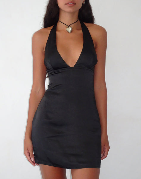 Plunge Halter Neck Satin Black Slip Dress | Coda – motelrocks-com-us