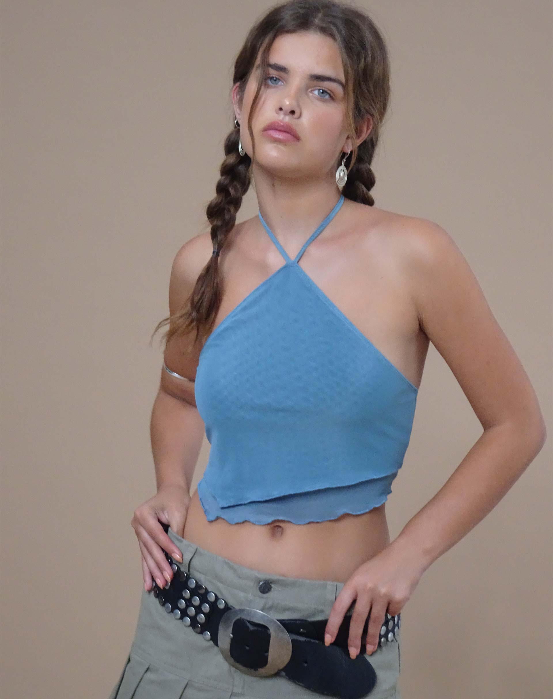 image of Daflien Halterneck Top in Mesh Blue Grey