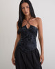 Image of Daiki Halterneck Top in Leaf Velvet Dark Blue