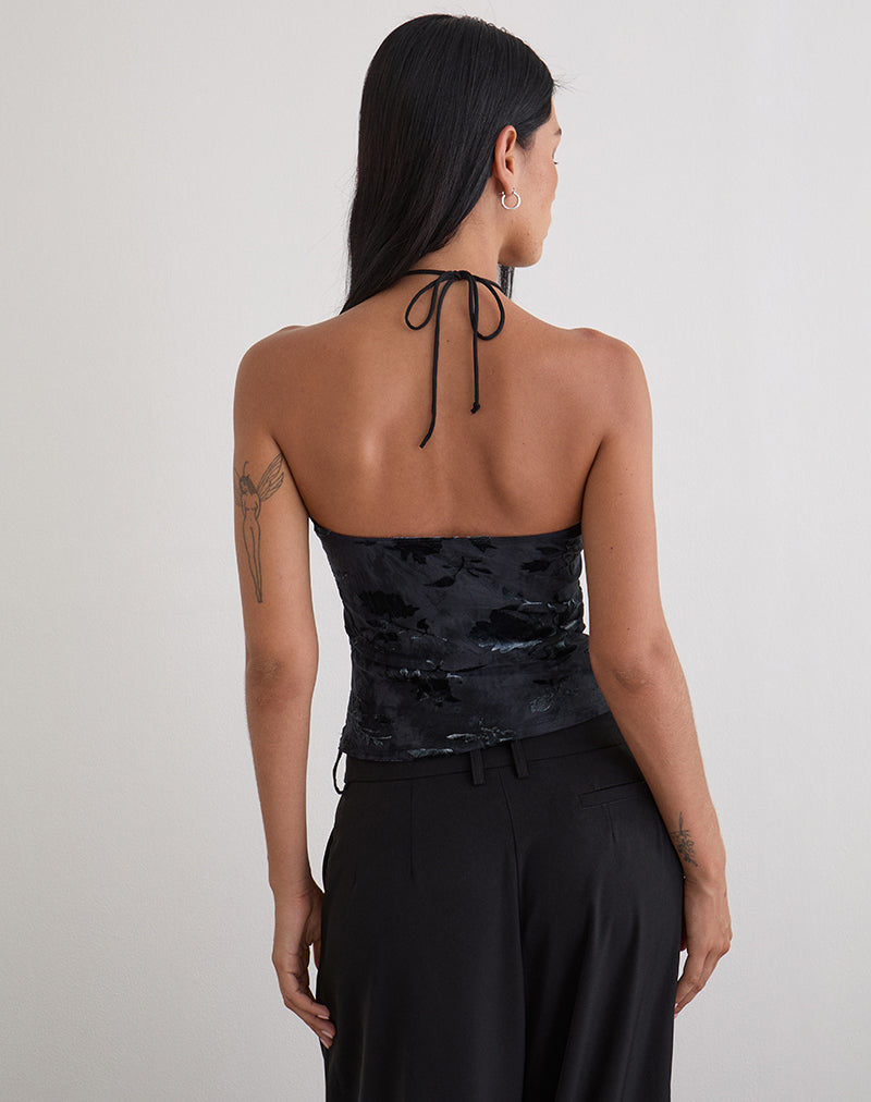 Image of Daiki Halterneck Top in Leaf Velvet Dark Blue