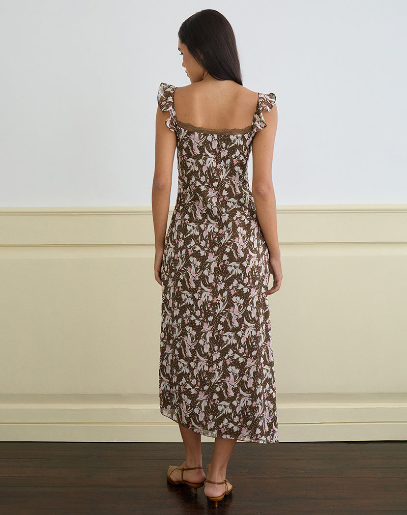 Brown and Pink Polka Flower Chiffon Print Midi Dress | Daita