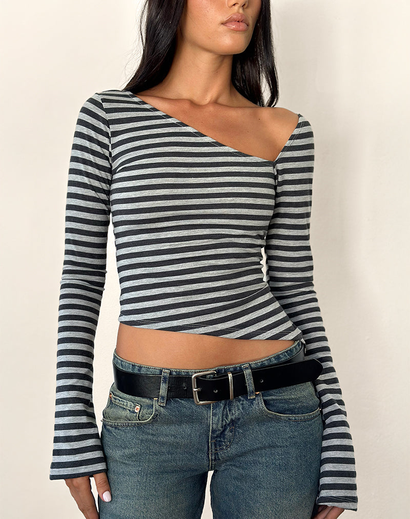 Image of Dalene Asymetric Long Sleeve Top in Grey and Black Stripe