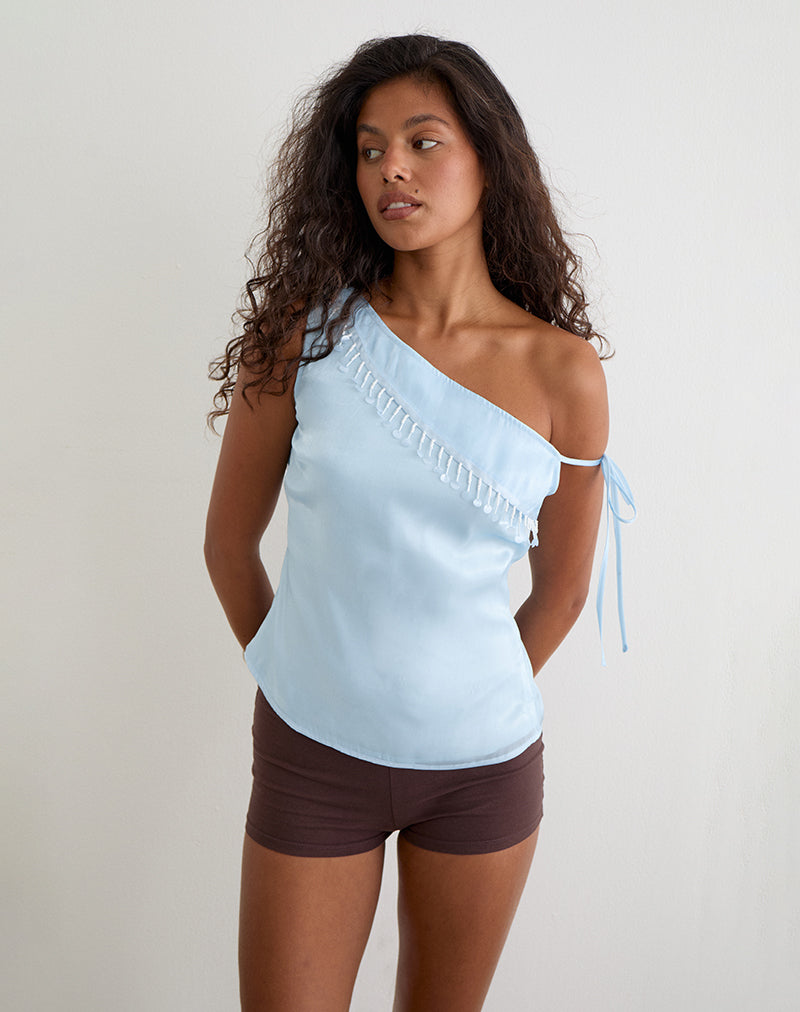 Orbansa Rocks Light Blue One Shoulder Frill Trim Satin Top | Dalvia – motelrocks-com-us