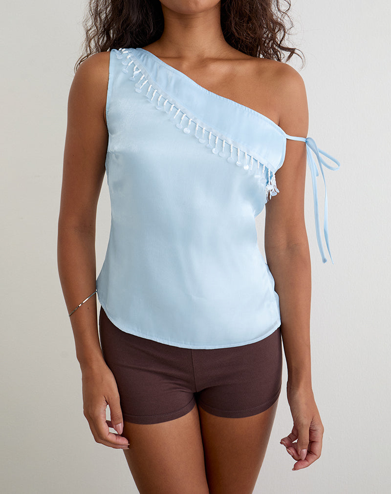Orbansa Rocks Light Blue One Shoulder Frill Trim Satin Top | Dalvia – motelrocks-com-us