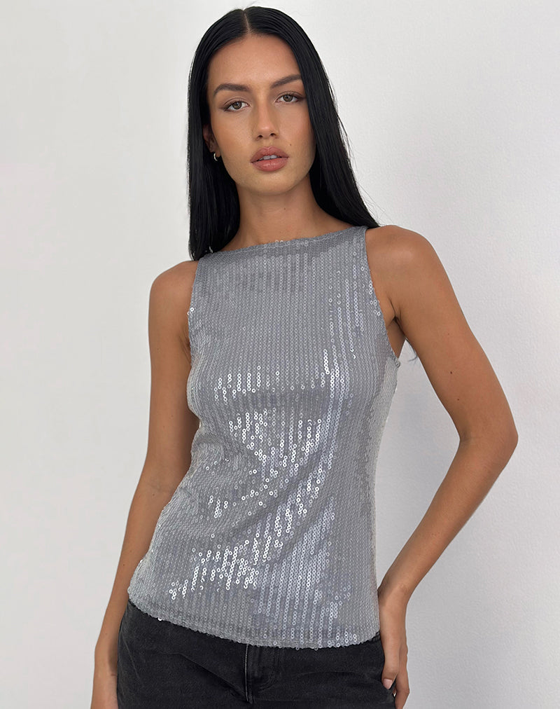 Image of Damske Vest Top in Clear Tinted Sequin Grey