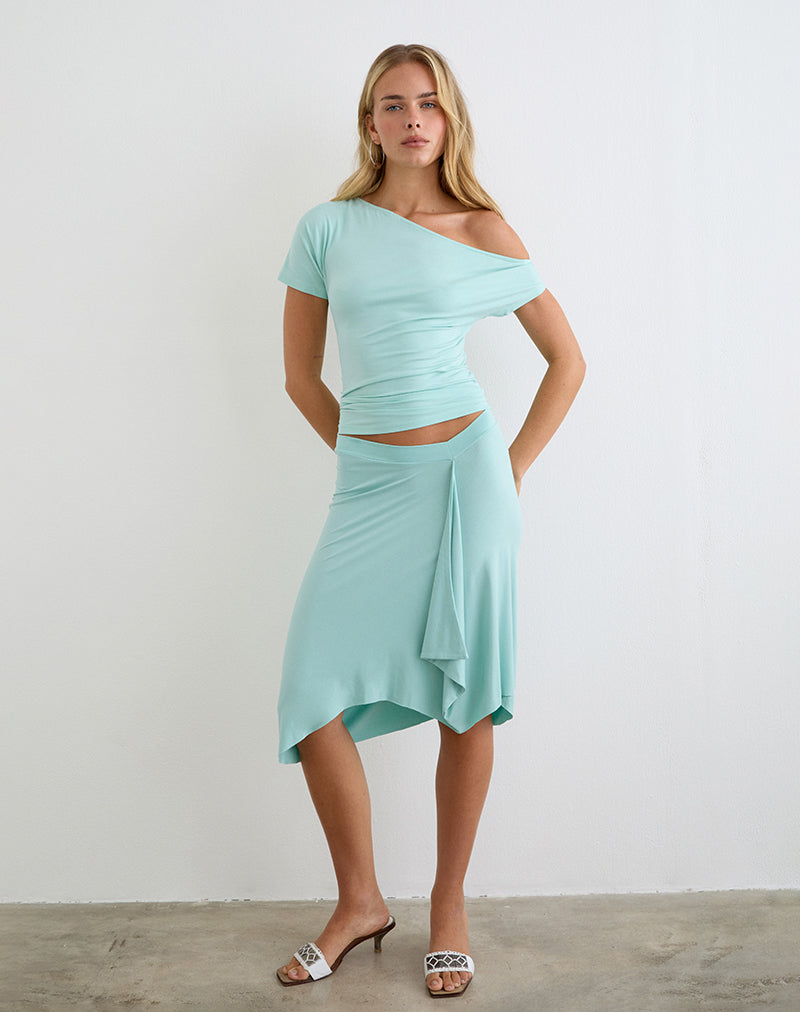 Aqua Blue Rayon Jersey Low Rise Midi Skirt | Esmeray – motelrocks