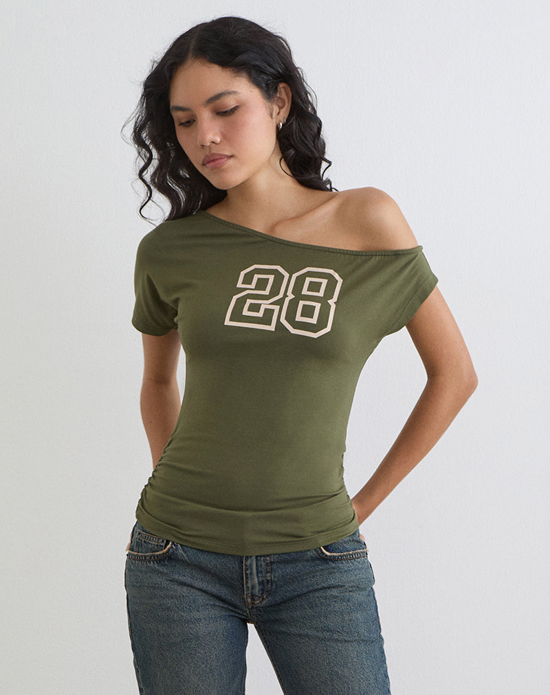 Danama One Shoulder Top in Rayon Jersey Grape with '28' Graphic