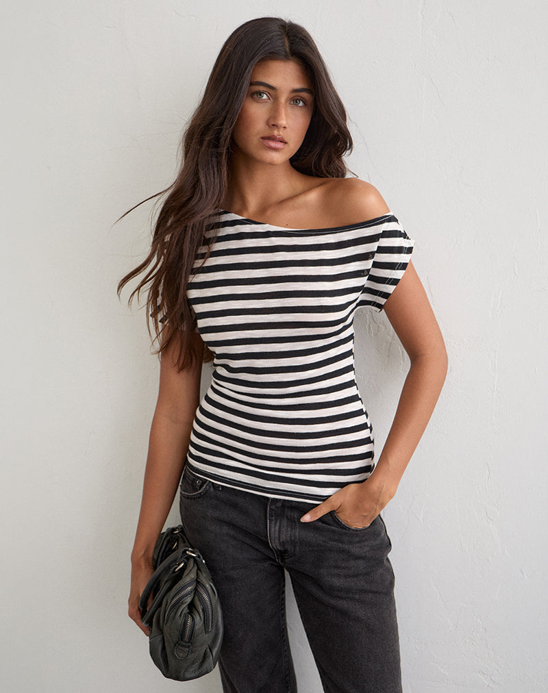 Image of Danama One Shoulder Top in Sheer Jersey Black and White Stripe
